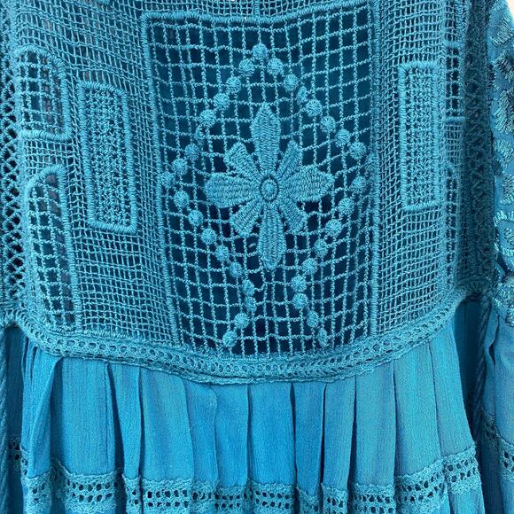 Free People Women's Emily Teal Blue Crochet Pleated Mini Dress Size XS X-Small - Picture 8 of 14